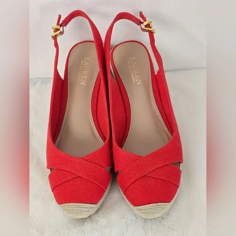Lauren Ralph Lauren Red Slingback Espadrille Wedges New